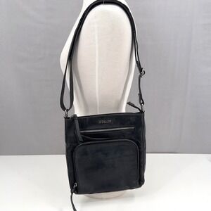 Estalon Women's Black Leather Crossbody Bag Multi Zip Adjustable Strap Slim